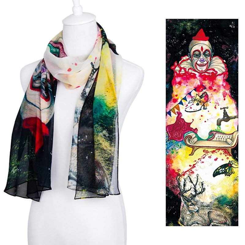 藝術家數碼打印真絲圍巾系列- clown by Sarah Tse - 絲巾 - 絲．絹 多色