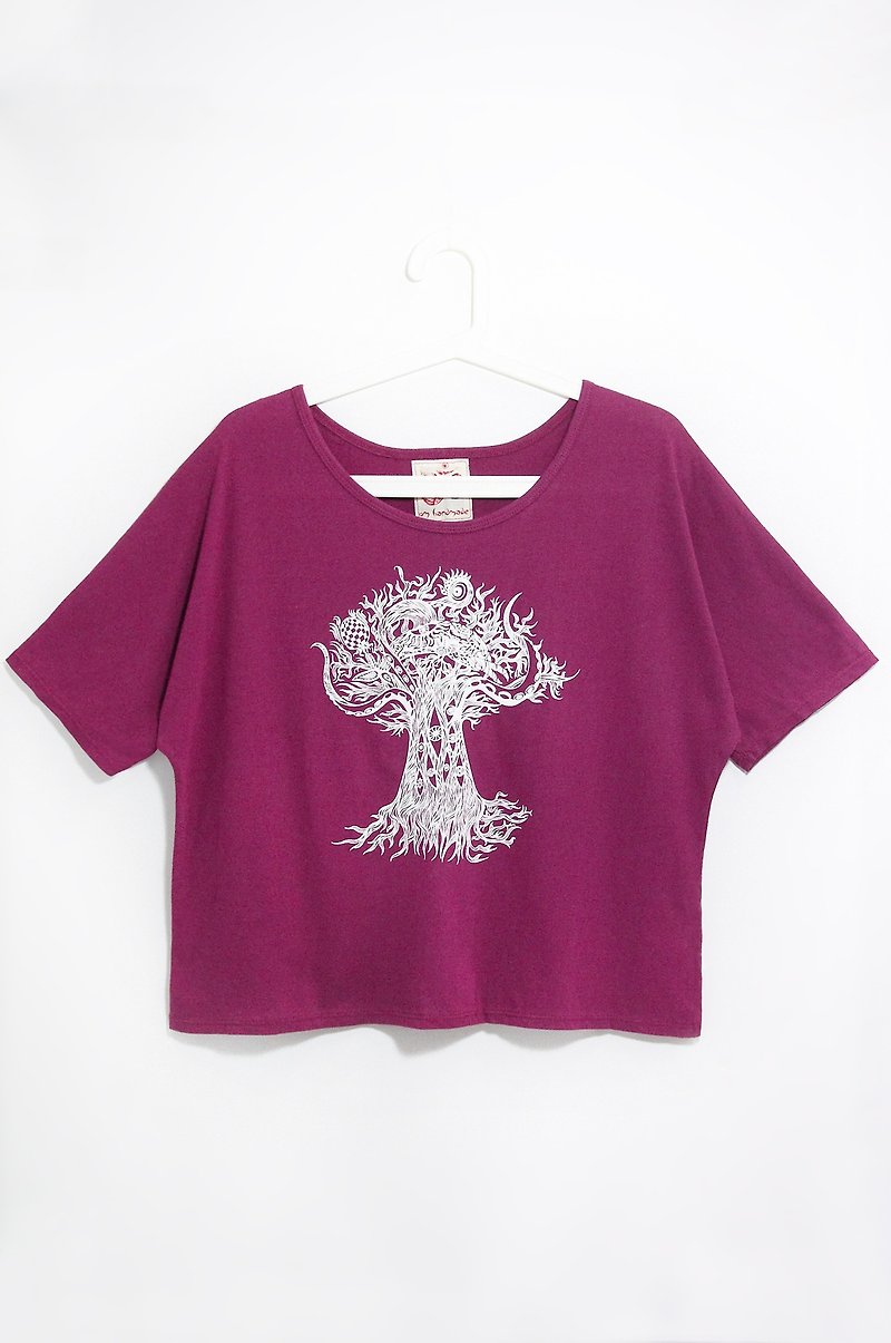 Ladies' Hand Short Top / T-shirt-Thailand Crazy Tree (Burgundy) - Women's Tops - Cotton & Hemp Purple