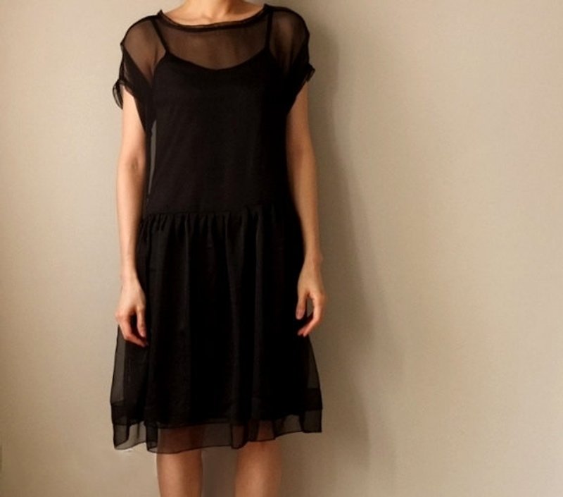 黑色微透視雪紡洋裝 - 洋裝/連身裙 - 其他材質 黑色