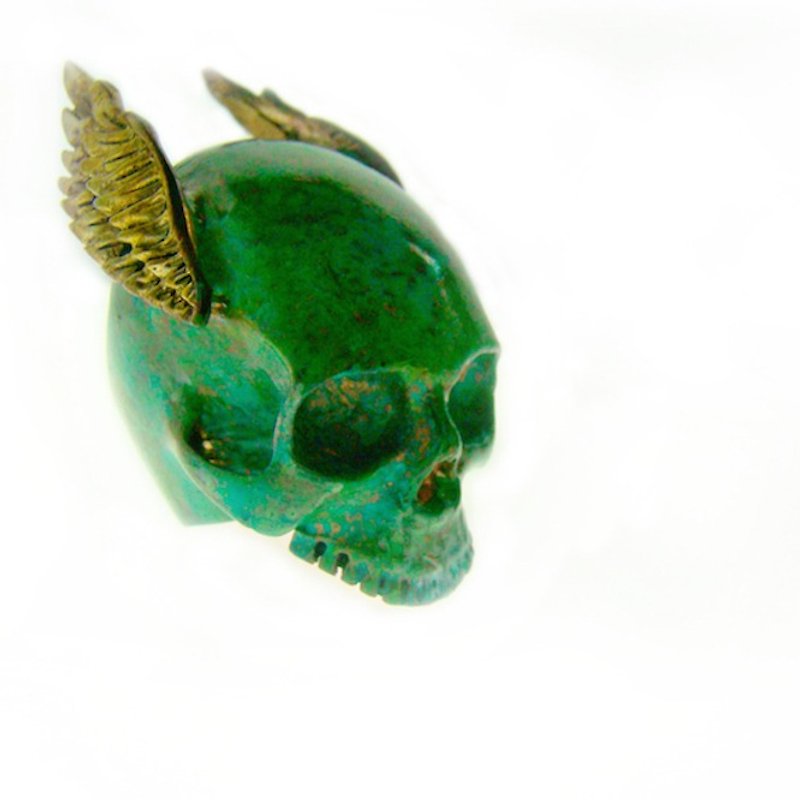 Patina Skull with wing ring in brass with green patina color ,Rocker jewelry ,Skull jewelry,Biker jewelry - General Rings - Other Metals 