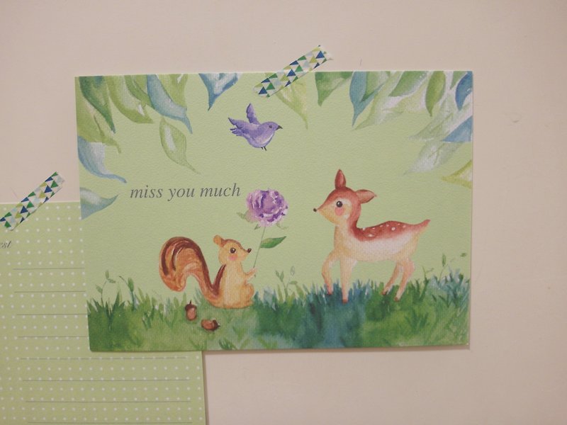 *Zoe's forest*綠森林松鼠小鹿明信片（cs23） - 卡片/明信片 - 紙 綠色