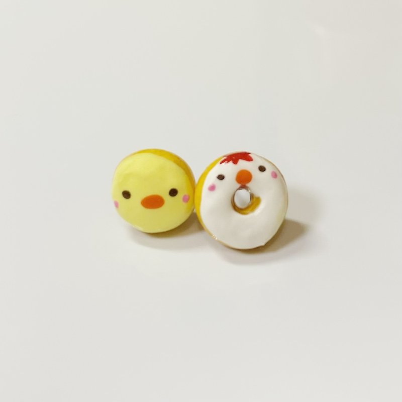 Mother Chicken and Baby Donut Earrings (set of two) (can be changed into Clip-On) - Earrings & Clip-ons - Clay Multicolor