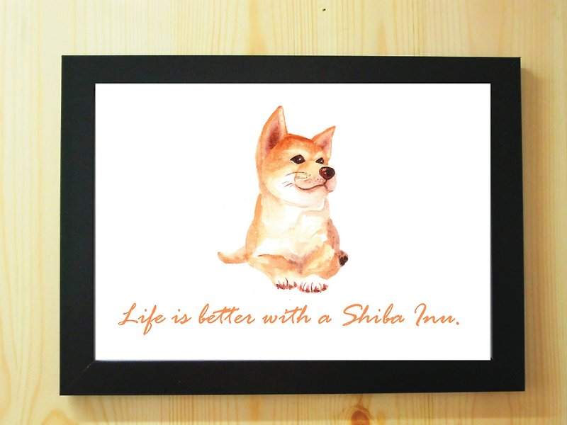 柴犬子犬の水彩画のポスター塗装イラストコピーA4「人生は柴犬とのより良いです！」 - ポスター・絵 - 紙 ホワイト