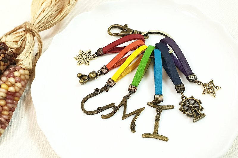 Paris. Happiness hand made. Retro rainbow. Name customization. English word suede key ring - Charms - Other Metals Multicolor