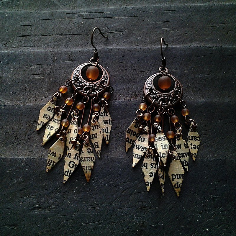 Muse recovered paper design folk style orange diamond tassel pearl earrings - Earrings & Clip-ons - Other Materials Multicolor