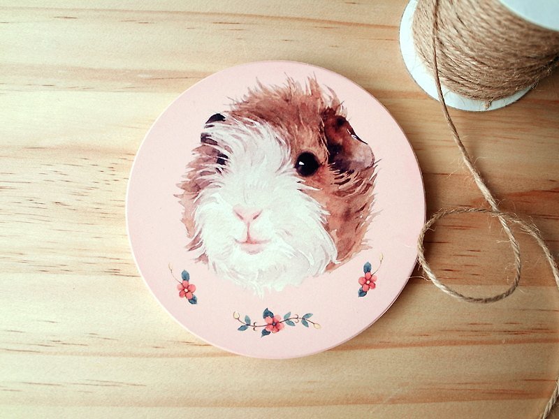 Small animal round ceramic coaster / guinea pig - Coasters - Other Materials Pink