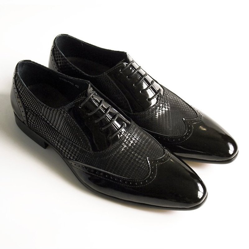 [LMdH]C1A22-99小羊皮漆皮拼接威爾斯王子格紋翼紋雕花牛津鞋‧黑色‧免運費 - Men's Casual Shoes - Genuine Leather Black