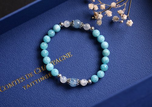 CaWaiiDaisy Handmade Jewelry 藍綠天河石+月光石+海藍寶純銀手鍊