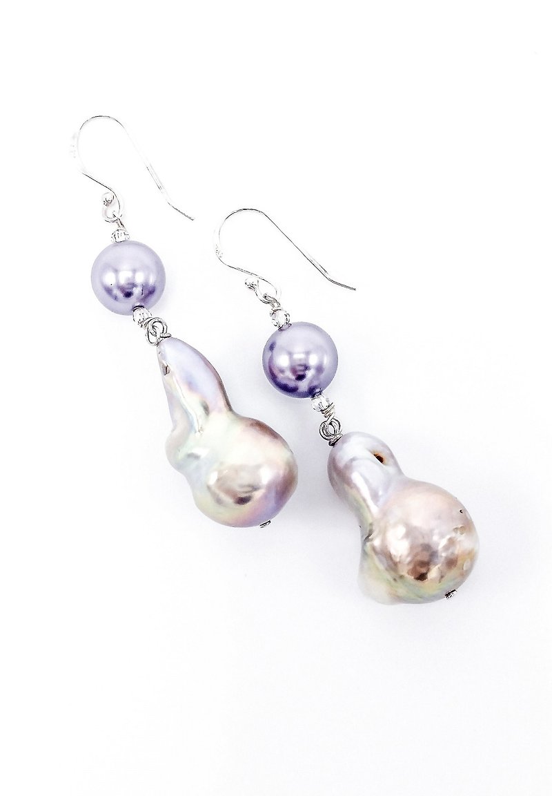 [Limited] Purple Haze: Handmade Silver Earrings of Purple Copper Baroque Pearls with Swarovski Glass Pearls [Handmade Jewellery/gothic/evening gown/ceremony/custom made] - Earrings & Clip-ons - Gemstone Purple