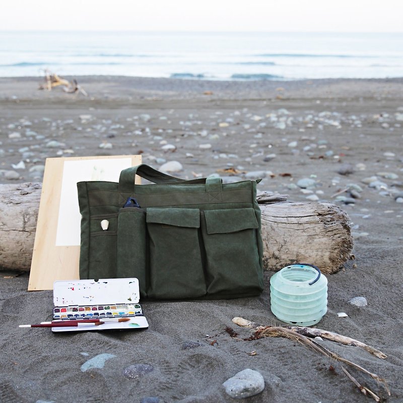 Mushrooms Mogu canvas bag / shoulder bag / tool bag / painting bags / Gauguin and Vincent (Army Green) - กระเป๋าแมสเซนเจอร์ - วัสดุอื่นๆ สีเขียว