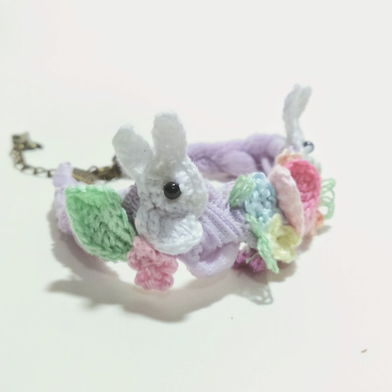 Flower and small white rabbit bracelet - purple yellow tape - Bracelets - Other Materials Purple