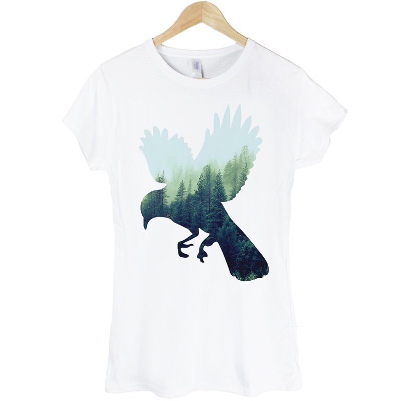 Bird-Forest Girls Short Sleeve T-Shirt-White Bird Forest Photo - เสื้อยืดผู้หญิง - ผ้าฝ้าย/ผ้าลินิน ขาว