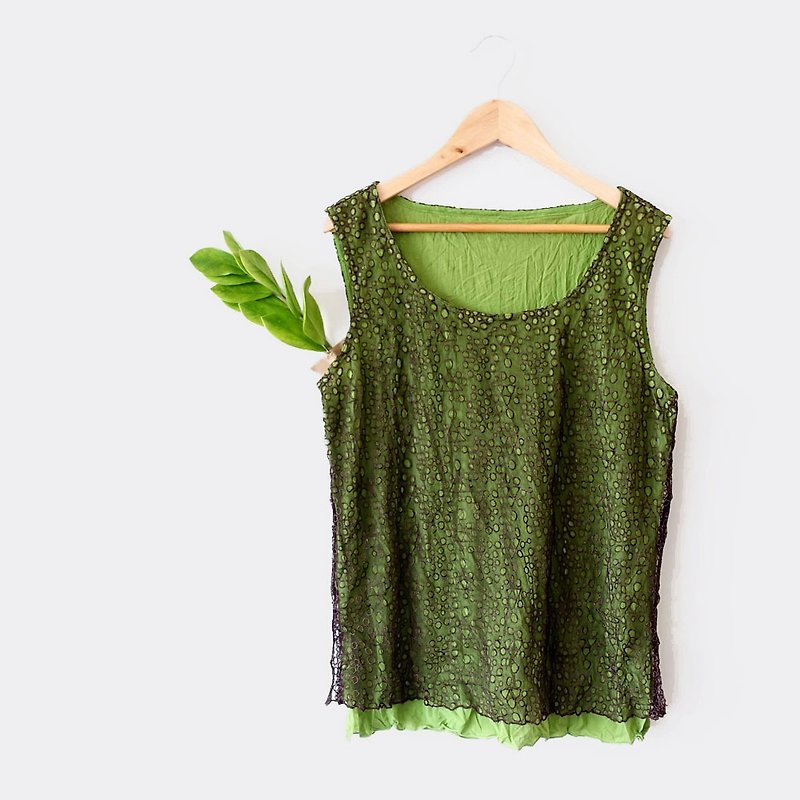 BajuTua / vintage / X chocolate brown grass green tunnel mesh vest - Women's Vests - Other Materials Green