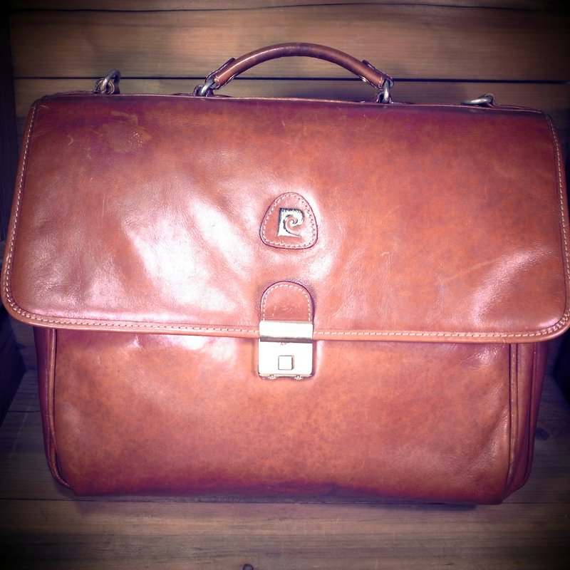 [Bones] early Pierre Cardin portable dorsal caramel leather briefcase genuine antique print bag Vintage - Handbags & Totes - Genuine Leather Brown