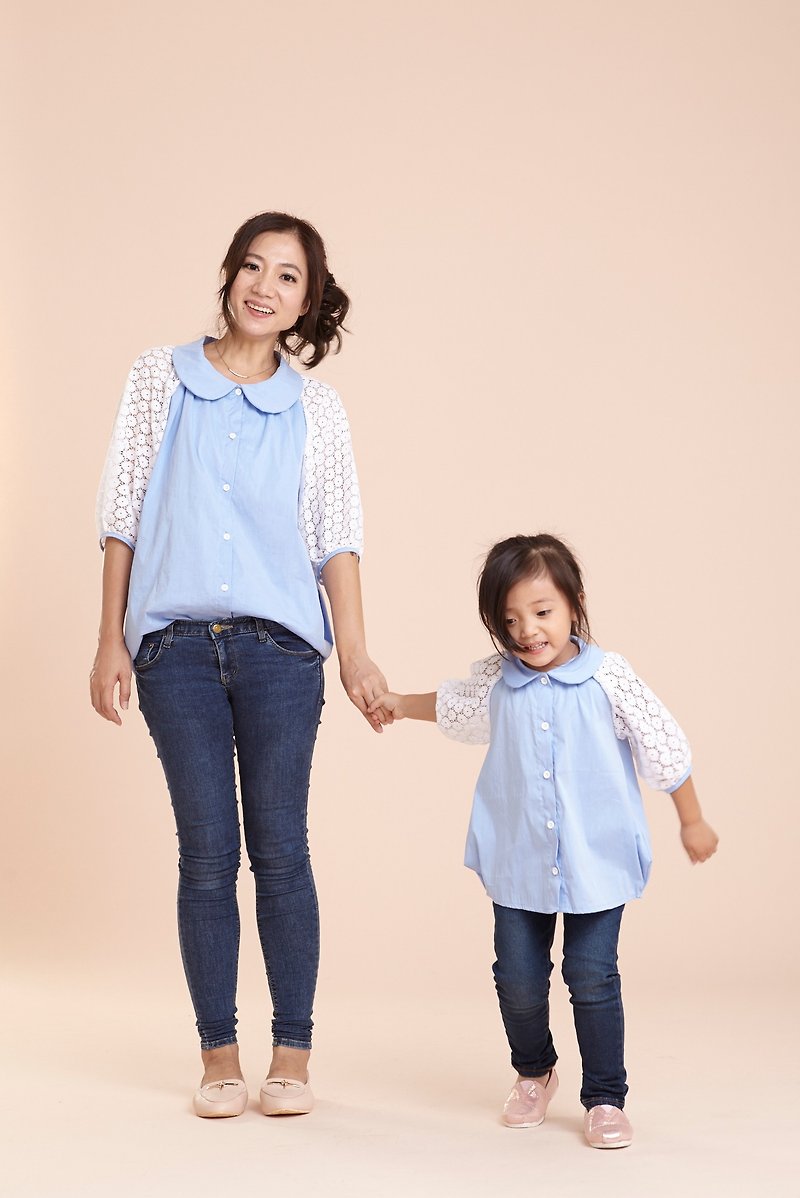 Light and sweet parent-child outfit ~ cotton lace three-quarter sleeve shirt - ชุดครอบครัว - ผ้าฝ้าย/ผ้าลินิน สีน้ำเงิน