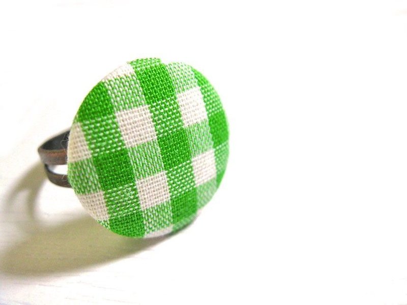 Handmade cloth green plaid button ring - General Rings - Other Materials 
