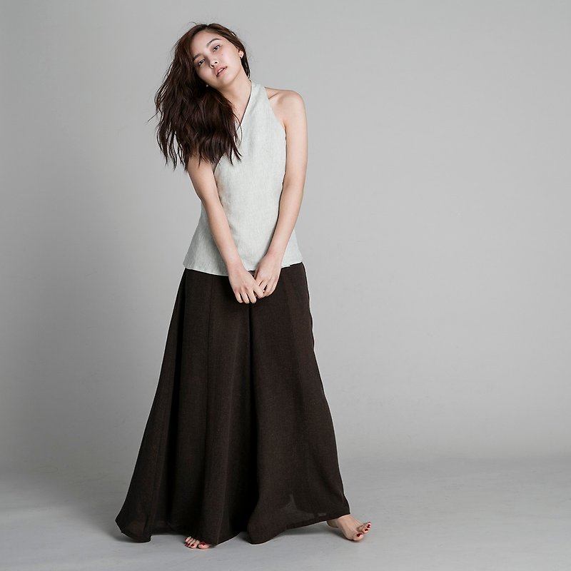 Handmade cotton and linen wide leg pants skirt - brown - กางเกงขายาว - ผ้าฝ้าย/ผ้าลินิน สีนำ้ตาล
