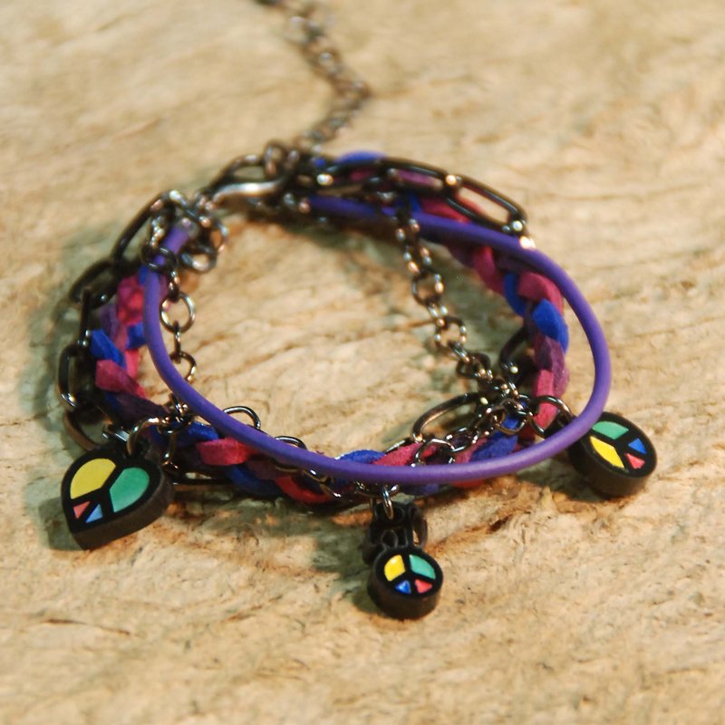 Colorful peace sign / multi-level braided rope bracelet / - สร้อยข้อมือ - อะคริลิค หลากหลายสี