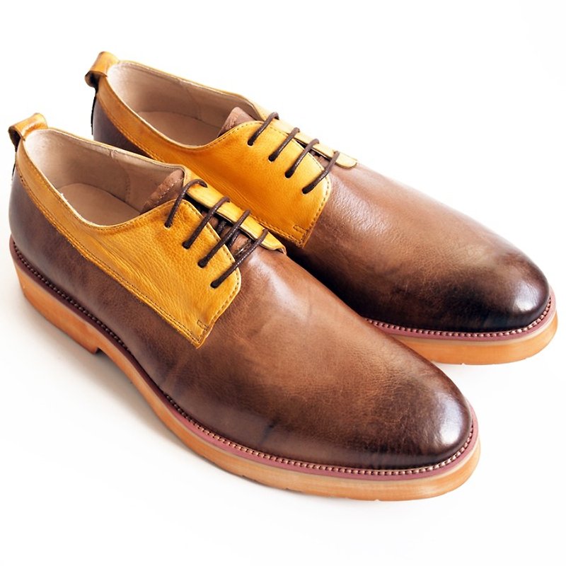 【LMdH] D1A26-89軽量手描きカーフレザーダービーシューズ厚い地殻色 - 茶色と黄色 - 無料配送 - 革靴 メンズ - 革 ブラウン