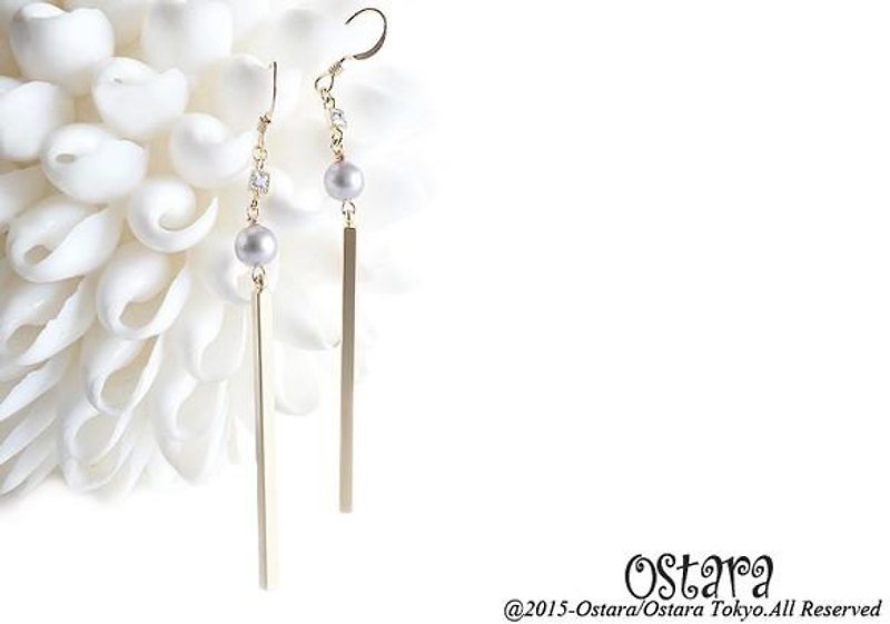 【14KGF】Earrings,CZ Skinny Stick,Silver Gray Round Pearl - ต่างหู - โลหะ 
