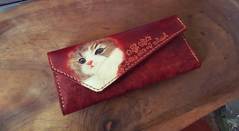 Customized cute cat chestnut-colored pure leather long wallet-engraved name (lover, birthday gift) - Wallets - Genuine Leather Red