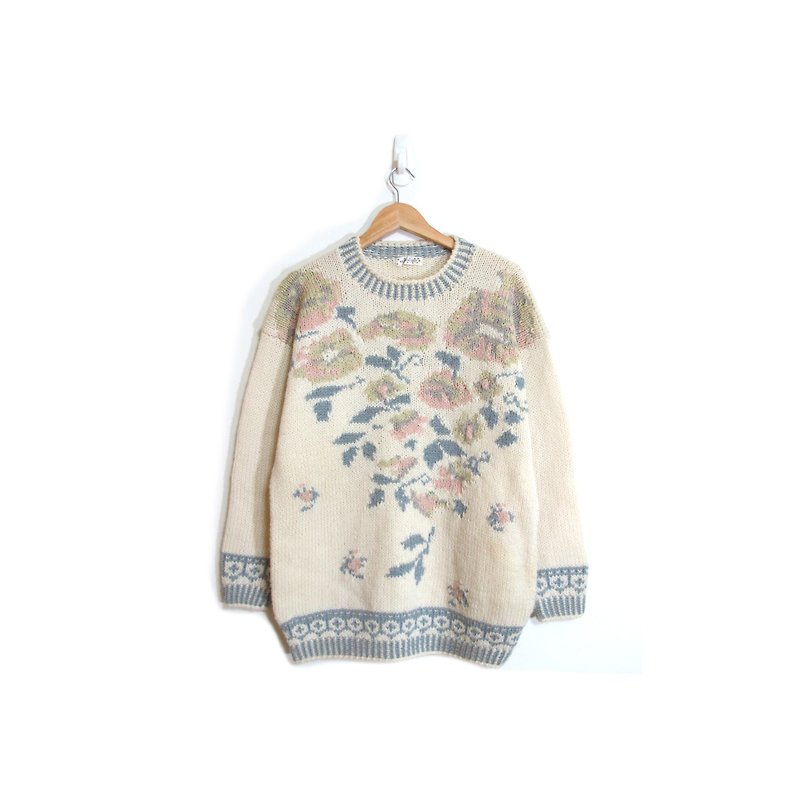 [Eggs] vintage snowflake totem plant flowers knit vintage sweater - สเวตเตอร์ผู้หญิง - วัสดุอื่นๆ ขาว