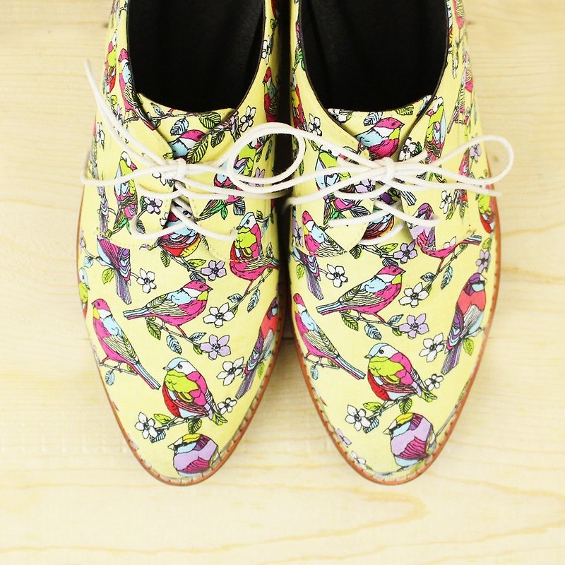 [24.0, 25.0 spot] colorful ostrich patch derby shoes / Japanese flower cloth / M2-15362F - Women's Casual Shoes - Cotton & Hemp Yellow