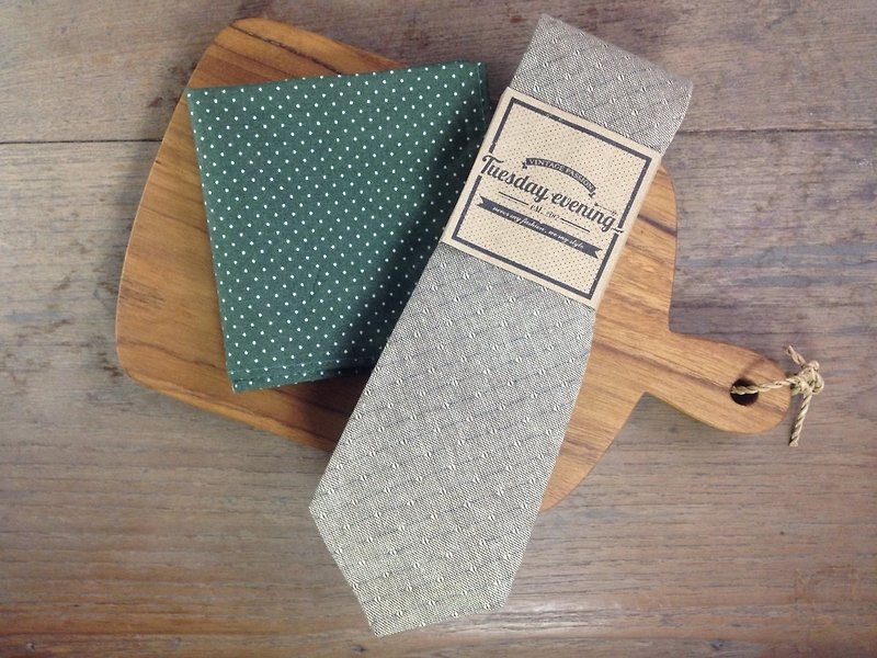 復古領帶、口袋巾組合 #1 - 領呔/呔夾 - 棉．麻 咖啡色