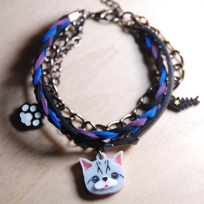 美國短毛貓/藍黑紫編繩搭配多層次手鍊 - 手鍊/手環 - 塑膠 灰色