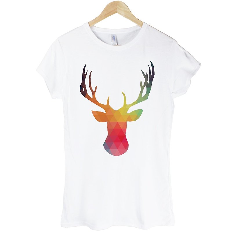 Abstract Stag Girls Short Sleeve T-Shirt-White Abstract Deer Geometric Design Homemade Brand Fashion Round Triangle Text Hipster - เสื้อยืดผู้หญิง - วัสดุอื่นๆ ขาว