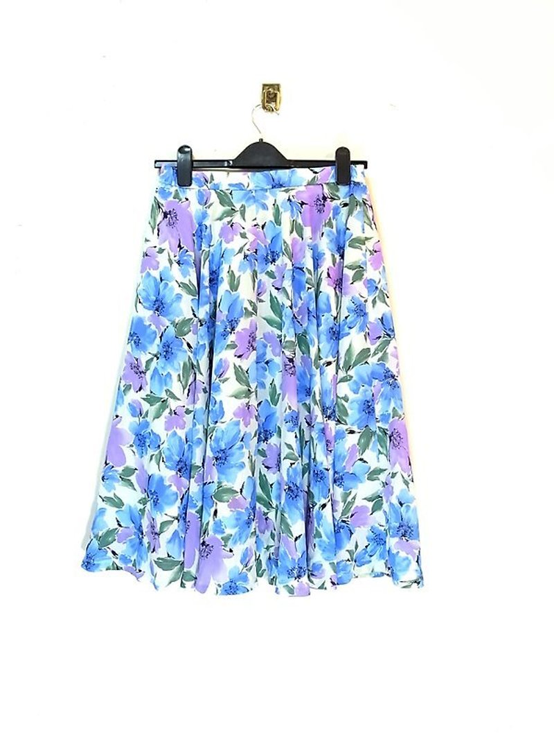 水墨 藍紫花朵印花 短裙 Bea:Mon 日本古著 - 裙子/長裙 - 其他材質 藍色