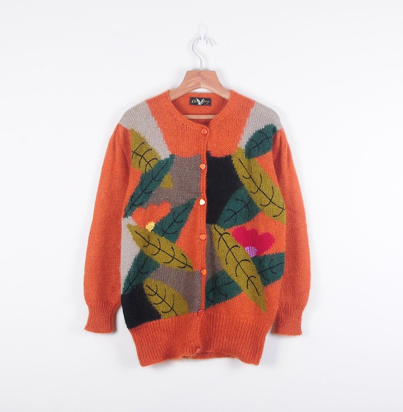 【蛋植物古着】柑橘樹落葉古着開襟毛衣 - Women's Sweaters - Other Materials Orange