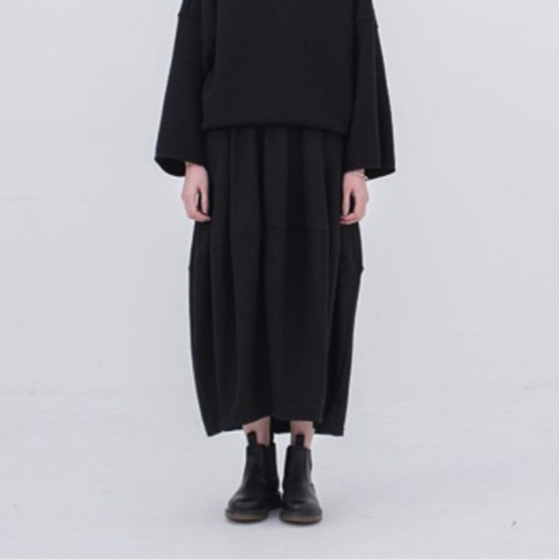 Black three-dimensional cut Yamamoto dark wind heavy 95% wool pleated elastic waist half skirt minimalist shape - Skirts - Wool Black