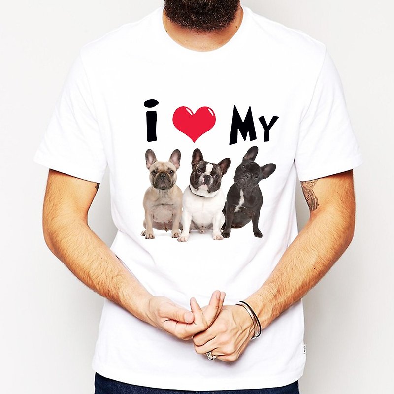 I Love My French Bulldog短袖T恤-白色 我愛我的法鬥 狗 犬 動物 文青 藝術 設計 時髦 文字 時尚 - Men's T-Shirts & Tops - Other Materials White
