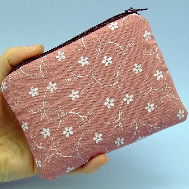 ジッパー財布、カードパック、キーケース、ヘッドフォンパッケージ、小さなオブジェクトパッケージ（小さな白い花）（ZS-24） - 小銭入れ - コットン・麻 ピンク