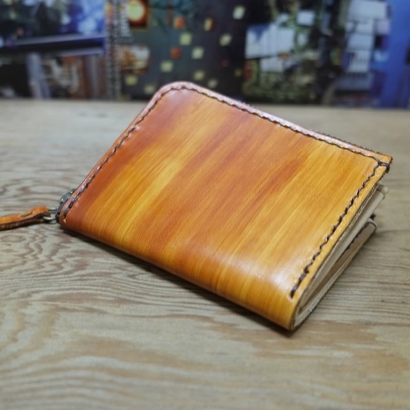 Lovey leather small objects / wood grain-natural vegetable tanned leather Japanese hand-stitched hand-made leather short wallet - กระเป๋าสตางค์ - หนังแท้ สีส้ม