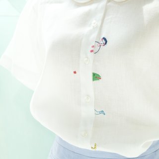 かくれんぼをあそぼう - 白色リンネ生地手刺繍入りシャツ - Hide And Seek White Shirt