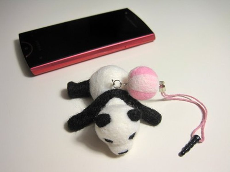 Wool felt panda lying rub - headphone plugs + screen cleaning brush - หูฟัง - ขนแกะ ขาว