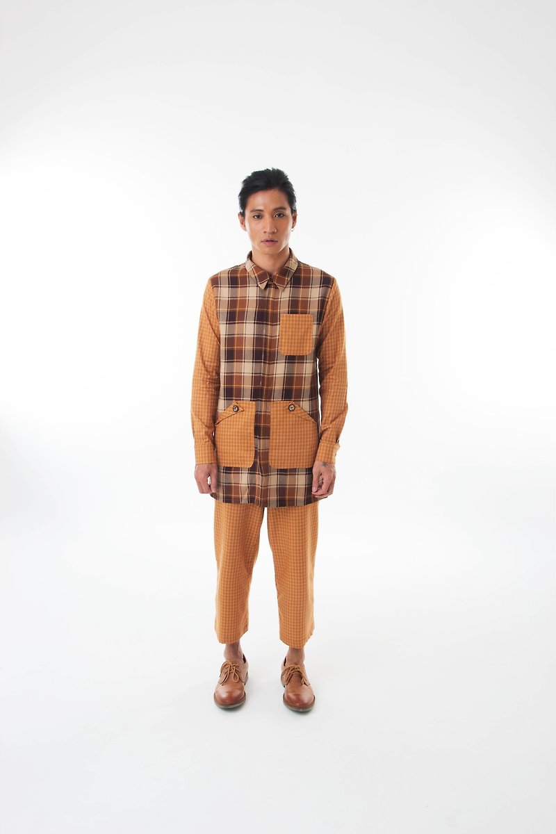 Sevenfold-Bicolor plaid stitching shirt (brown) - Men's Shirts - Acrylic 