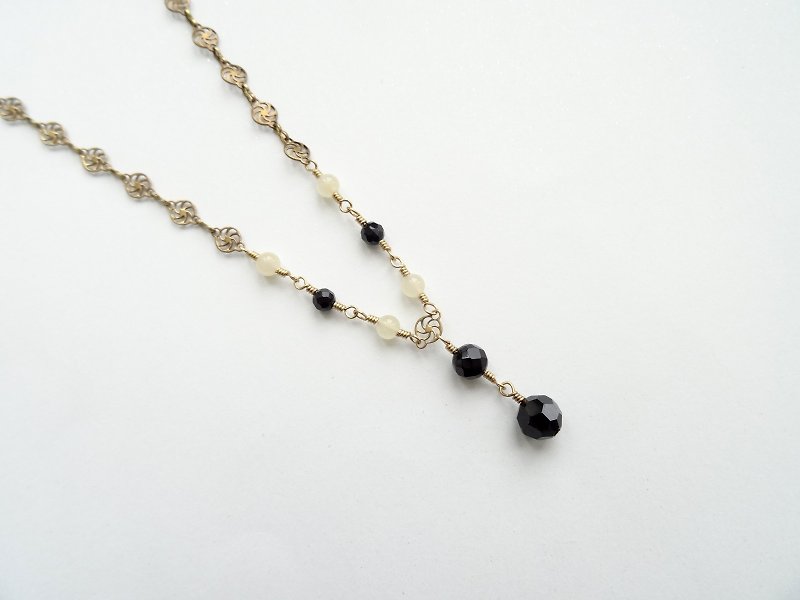 Black Onyx, Yellow Jade Filigree Antique Bronze Necklace - Necklaces - Semi-Precious Stones Black