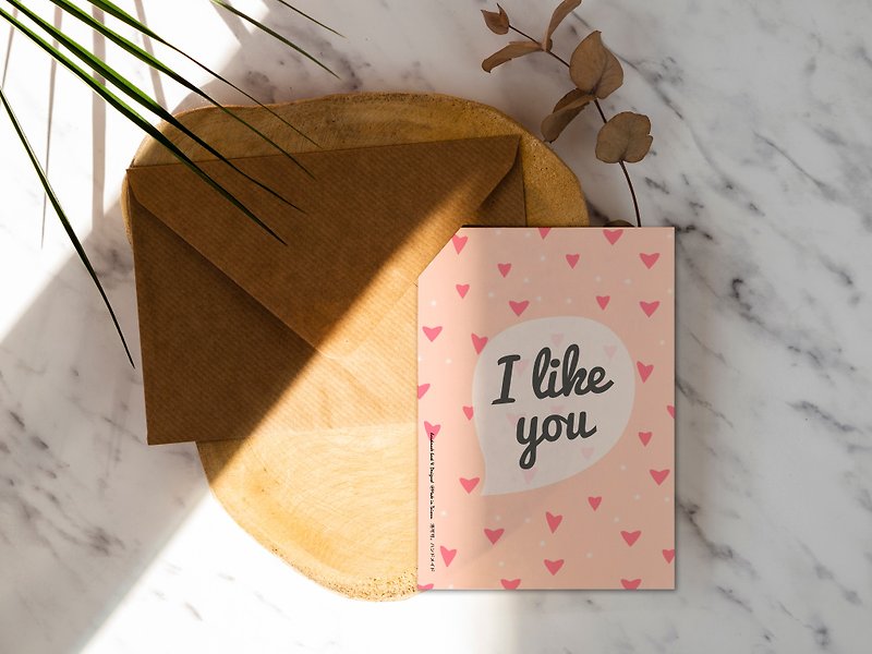 I Like You Postcard-I Like You Rococo Strawberry Handmade Postcard Valentine Card with Envelope - Cards & Postcards - Other Materials Pink