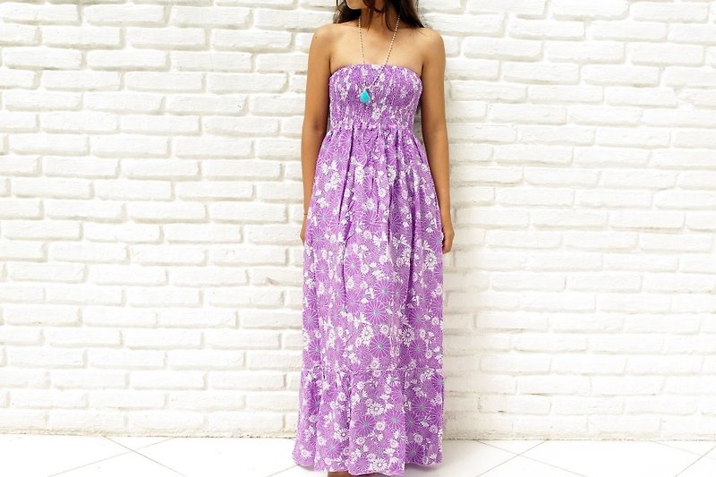 Margaret print Strapless Ruffle Dress <Purple> - One Piece Dresses - Other Materials Purple