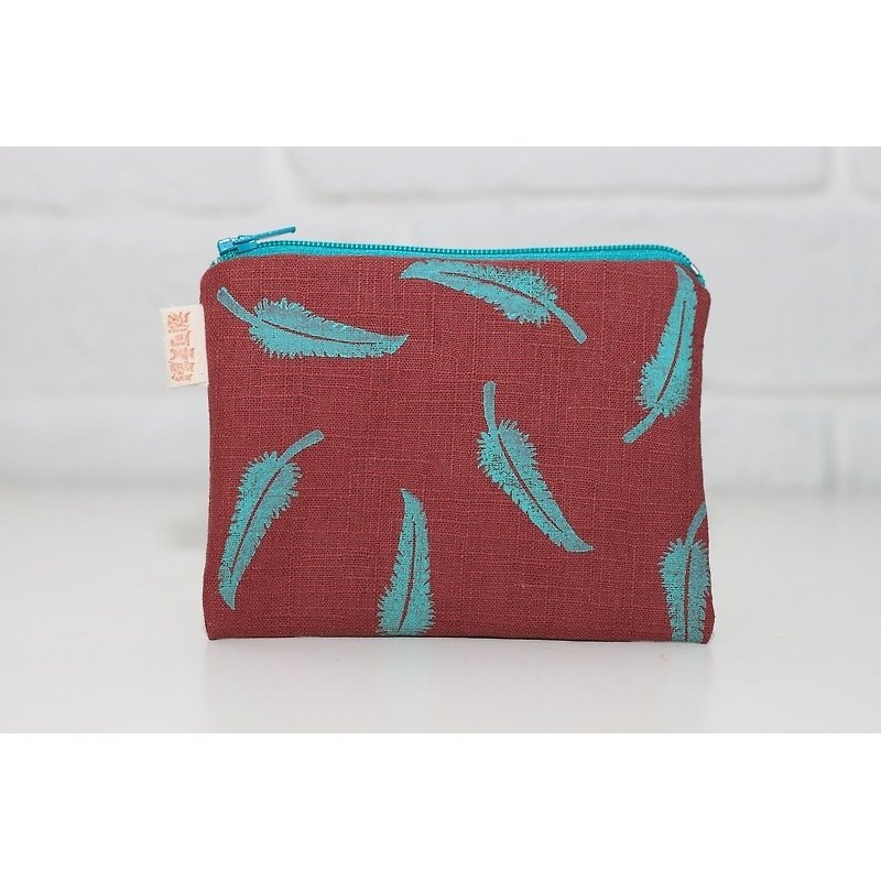 Feather wind series _ Rongrong green flower on red feather purse money - Coin Purses - Other Materials Multicolor