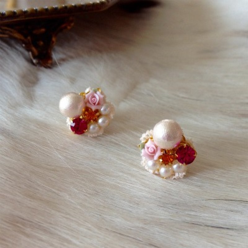 pink cotton pearl bijoux pierce - 耳環/耳夾 - 其他材質 粉紅色