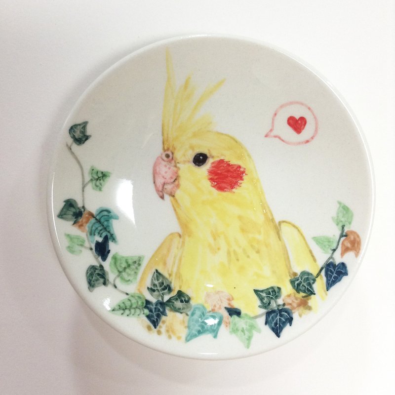 Phoenix and Sweet Potato Leaves - Parrot Hand-painted Small Plate - จานเล็ก - เครื่องลายคราม สีเหลือง