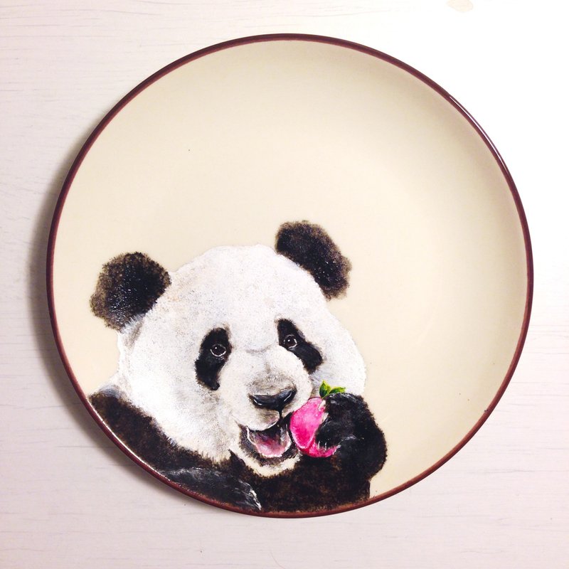 Wall decorative plate / dessert plate series -Momo Panda nibbling peach - Small Plates & Saucers - Porcelain 