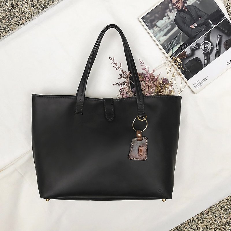 Leather Simple Shoulder Tote Bag - Black - กระเป๋าถือ - หนังแท้ สีดำ