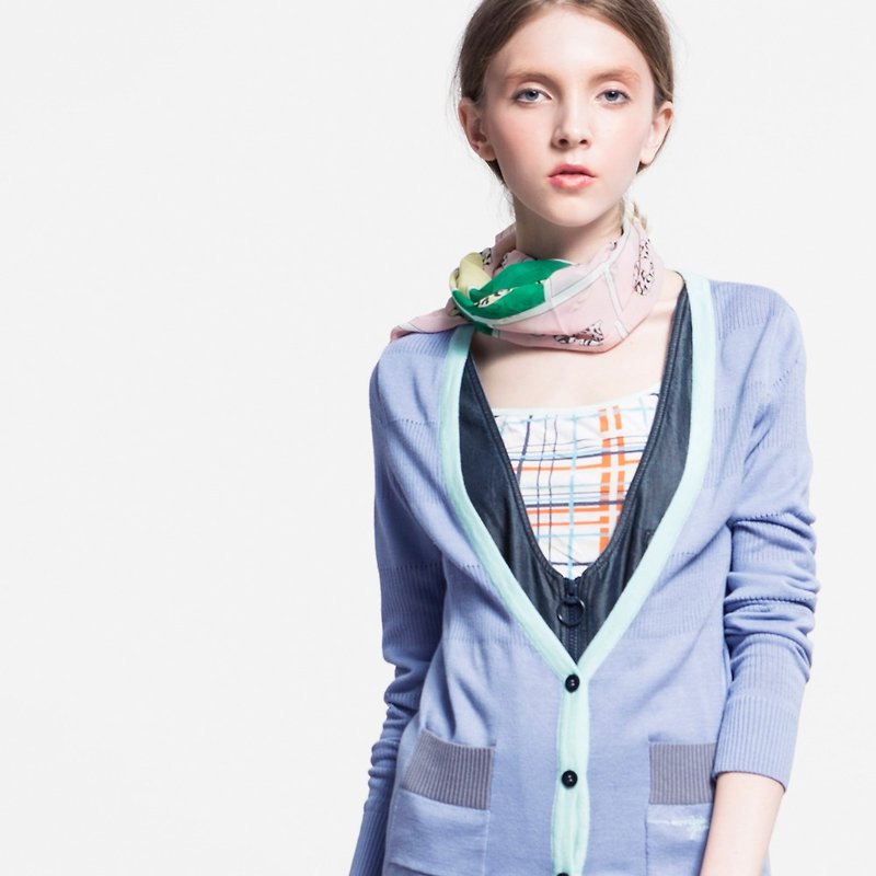配色開襟針織外套-淺藍-S號 NOVI - 女大衣/外套 - 其他材質 藍色