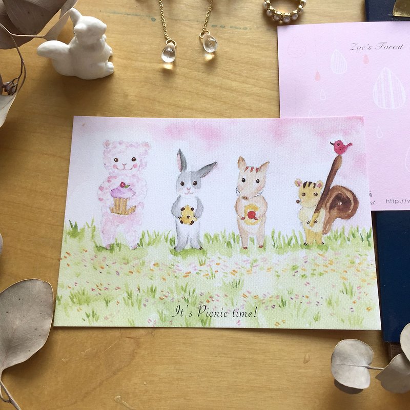 ゾーイの森 森の動物 ピクニックデー ポストカード cs25 - カード・はがき - 紙 ピンク
