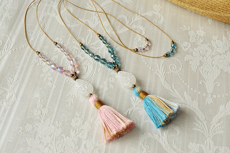 Tassel Necklace "sea and pink shell" - ネックレス - その他の素材 ピンク